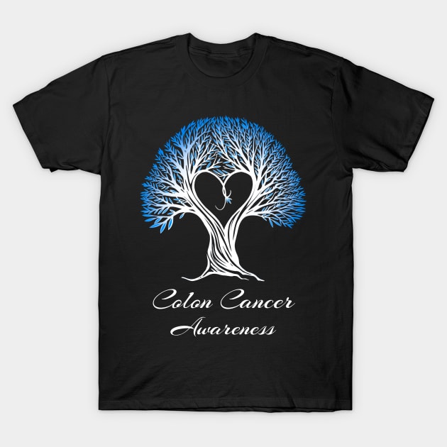 Colon Cancer Awareness Blue Tree With Heart T-Shirt by MerchAndrey